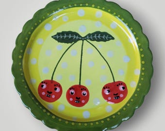 Whimsical Ceramic Cherries Cute Hand Painted Scallop Edge Small Plate