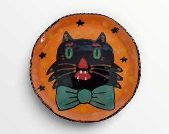 Halloween Vintage Style Black Cat Bow Tie Ceramic Little Hand Painted Plate