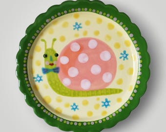 Whimsical Snail Folk Art Hand Painted Scallop Edge Ceramic Small Plate