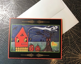 Halloween Haunted House Greeted Note Card Painting by Sharon Bloom Designs