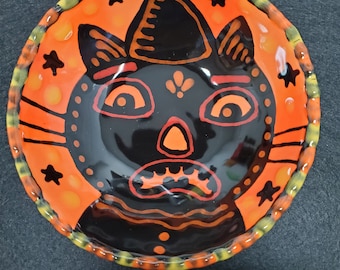 Halloween Ceramic Folk Art Pumpkin Black Cat Little Dapple Edge Bowl Hand Painted by Sharon Bloom Designs