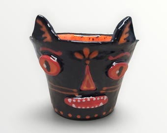 Halloween Ceramic Folk Art Style Handmade Black Cat Container