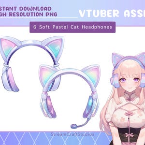 Puede incluir: Ilustración digital de seis auriculares de gato en colores pastel suaves. Los auriculares tienen diseños de orejas de gato y están en tonos de rosa, azul y blanco. La imagen también incluye el texto "VTUBER ASSET" y "6 Soft Pastel Cat Headphones".