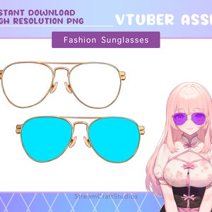 May include: Two pairs of gold-rimmed sunglasses, one with clear lenses and the other with bright blue lenses. The sunglasses are shown on a white background. The text "Fashion Sunglasses" is above the sunglasses. The text "VTUBER ASSET" is in the top right corner of the image.