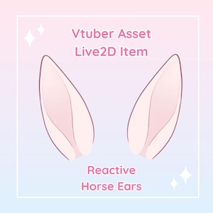 Puede incluir: Ilustración digital de dos orejas de caballo rosa claro, diseñadas para un activo Vtuber. Las orejas están delineadas en un rosa más oscuro y se colocan sobre un fondo degradado rosa y azul. El texto dice "Vtuber Asset Live2D Item Reactive Horse Ears."