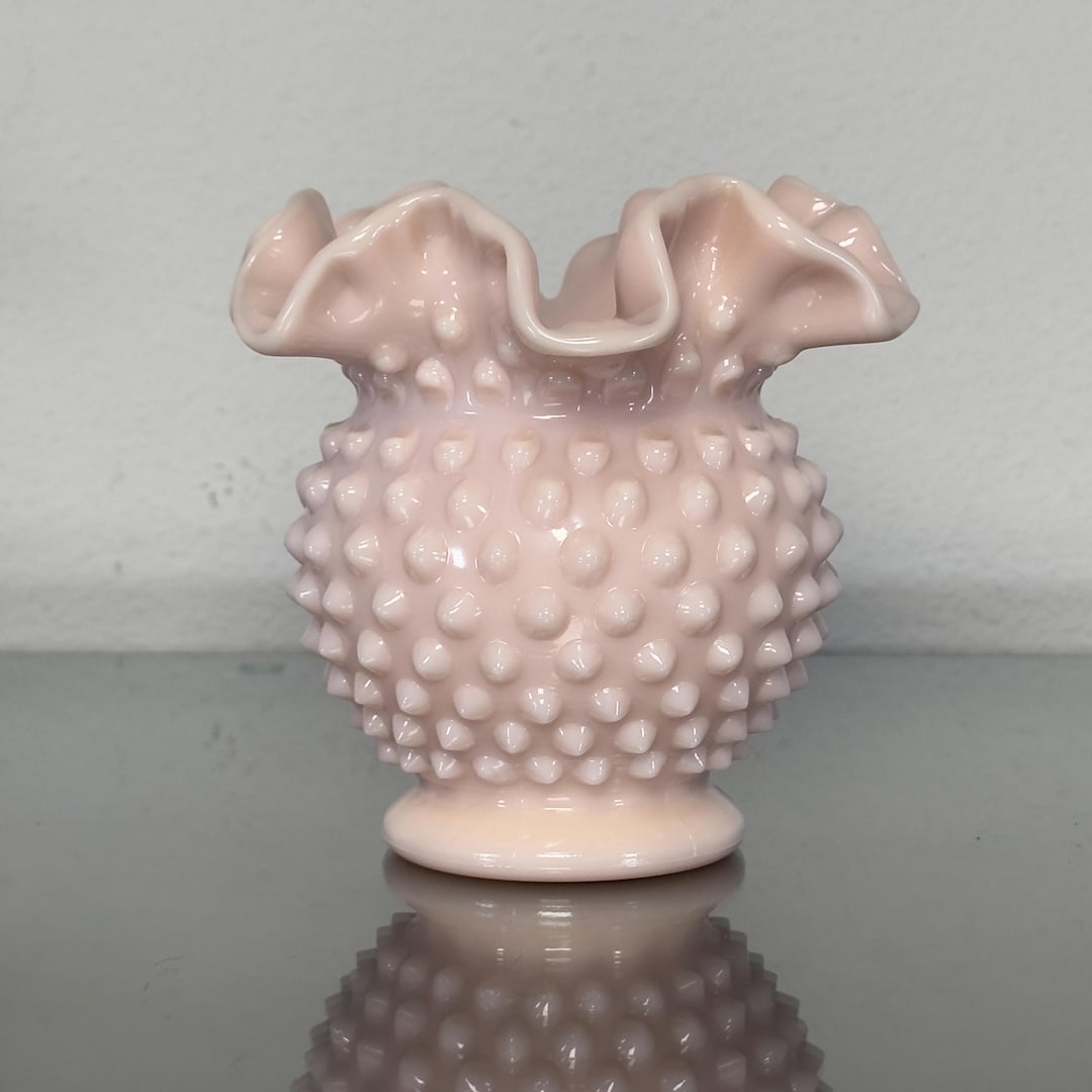 Fenton Vintage Pastel Pink Milk Glass Hobnail Rose Bowl Ruffled Rim ...