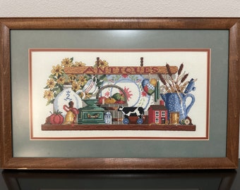Framed Completed Finished Cross Stitch "Treasures From Home"