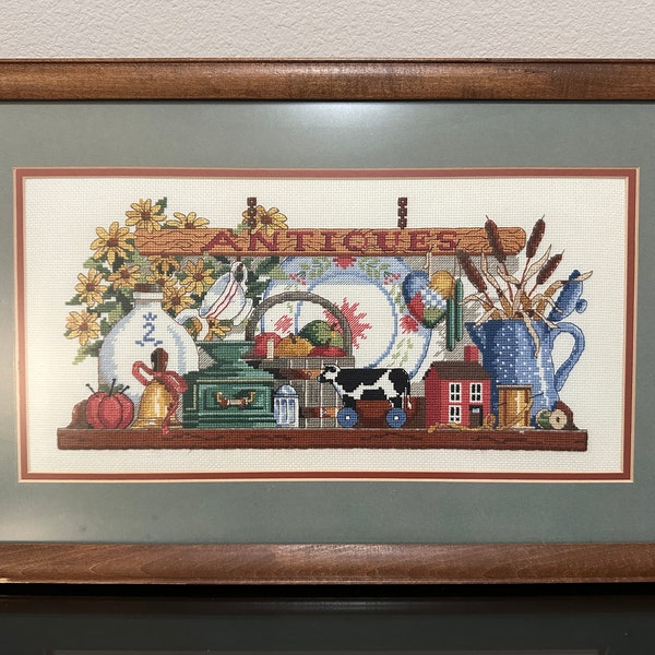 Framed Completed Finished Cross Stitch "Treasures From Home"