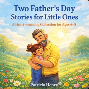Könnte beinhalten: Buchcover-Illustration für "Two Father's Day Stories for Little Ones". Ein Vater umarmt ein Kind in einem Blumenfeld unter sonnigem Himmel. Eine herzerwärmende Sammlung für Kinder im Alter von 6-8 Jahren.