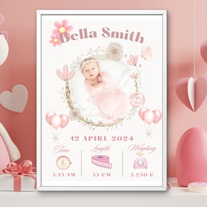 Signo de estadísticas de nacimiento decorativo imprimible, certificado de nacimiento personalizado, anuncio de nacimiento, regalo de nuevo bebé, descarga digital.