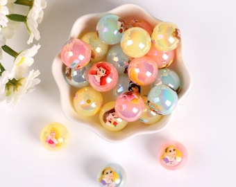 Princess Characters Bubblegum Beads, Colorful Princess Beads, Cartoon Flash 3D Princess Print Beads, Candy Color Gloss, DIY Supplies.  AB072