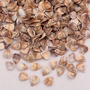May include: A collection of teardrop-shaped shell beads in shades of brown, tan, and cream. Each bead has a small hole at the top for stringing. The beads have a natural, glossy finish, ideal for jewelry making or craft projects.