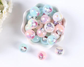 Cute Cartoon Cat Print Loose Beads, Kitty Bead Chunky Acrylic, Kawaii Colorful Beads, Candy Color Gloss, DIY Supplies.  AB037