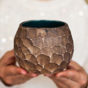 Puede incluir: Una maceta de cerámica marrón con un diseño texturizado en forma de panal. La maceta tiene un interior azul verdoso.