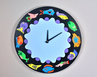 Handmade Black Fish Clock, Round Fish Wall Clock Original by Kuzniart Whimsical Fish Beach House Clock Pop Art Fish Clock