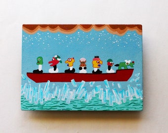 Original Small Acrylic Painting 5 x 7, Ship Of Souls Breaking Ice, Original Art By Kuzniart, Post Corporate Folk Art