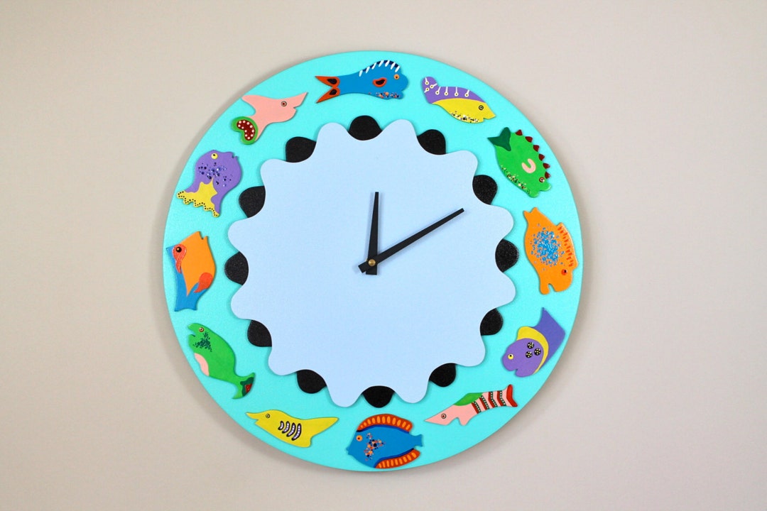 Original Fish Clock, Round Nautical Wall Clock, Handmade Original by