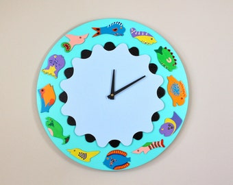 Original Fish Clock, Round Nautical Wall Clock, Handmade Original by Kuzniart Whimsical Colorful Fish Clock Decor, Beach House Clock