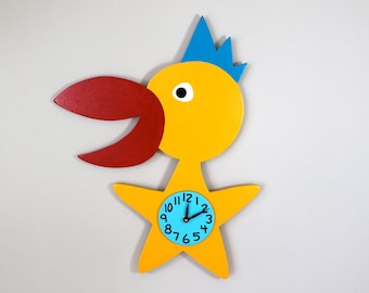 Big Yellow Baby Bird Wall Clock, Kuzniart Original, Art Wall Clock, Bird Wall Art, Nursery Wall Clock, Bright Yellow Bird, Primary Colors