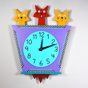 Original Handmade 3 Kitty Cat Wall Clock by Kuzniart, Retro Cat Decor Pop Art Whimsical Cat Lovers Art Clock image 1