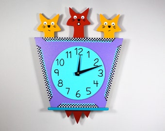 Original Handmade 3 Kitty Cat Wall Clock by Kuzniart, Retro Cat Decor Pop Art Whimsical Cat Lovers Art Clock