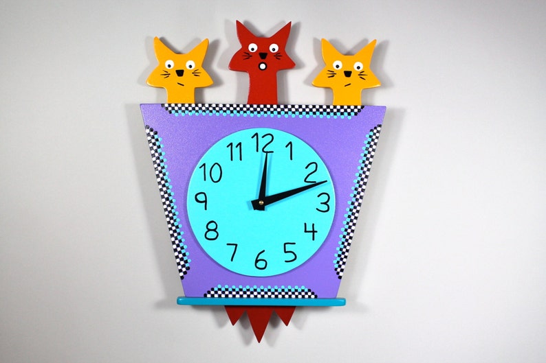 Original Handmade 3 Kitty Cat Wall Clock by Kuzniart, Retro Cat Decor Pop Art Whimsical Cat Lovers Art Clock image 1