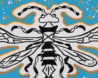 Original Insect Portrait Acrylic Painting, Souix City Sawfly, Fantasy Bug, Nature Urban Folk Art, 5" x 7", Blue Black White By Kuzniart