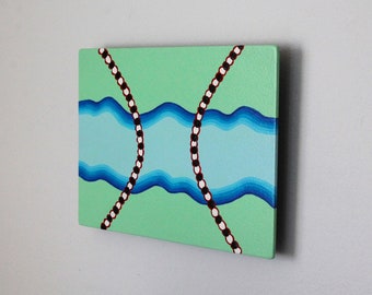 Small Original Painting, 5 x 7 Abstract Wall Art, Blue Green, Man vs Nature, Landforms Manforms, Original Art By Chris Kuzniar