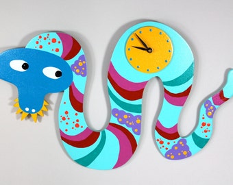 Original Aqua Snake Clock, Pop Art Snake Wall Decor, Snake Wall Clock by Kuzniart, Whimsical Snake Kids Room Clock, Original Art Clock