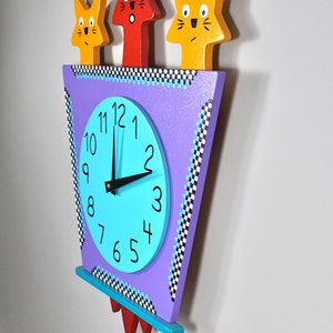 Original Handmade 3 Kitty Cat Wall Clock by Kuzniart, Retro Cat Decor Pop Art Whimsical Cat Lovers Art Clock image 3