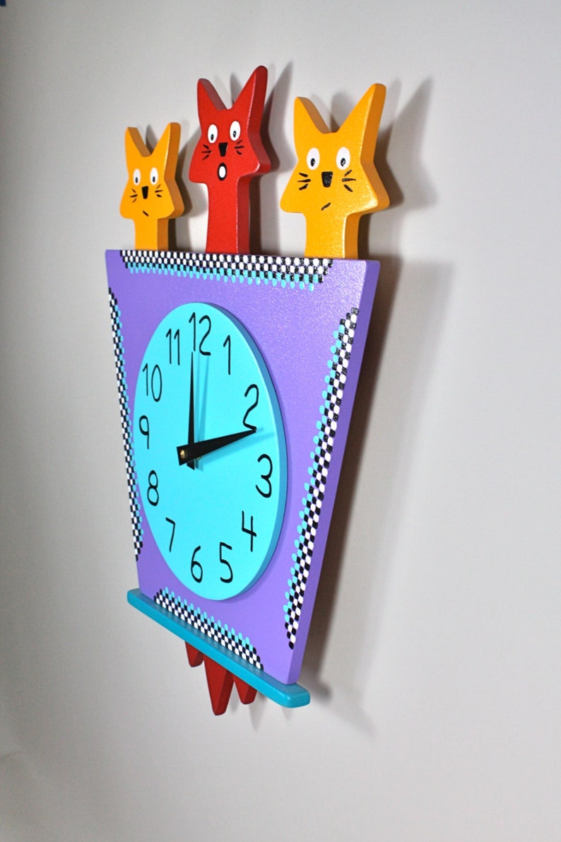 Original Handmade 3 Kitty Cat Wall Clock by Kuzniart, Retro Cat Decor Pop Art Whimsical Cat Lovers Art Clock image 3