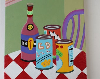 Kitchen Still Life Painting, THREE CANS and a BOTTLE, Urban Folk Art Acrylic Painting, Beer Can Art By Christopher Kuzniar