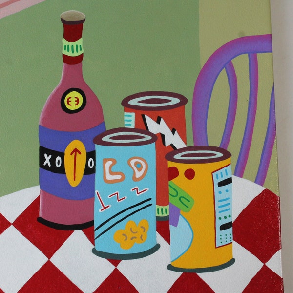 Kitchen Still Life Painting, THREE CANS and a BOTTLE, Urban Folk Art Acrylic Painting, Beer Can Art By Christopher Kuzniar