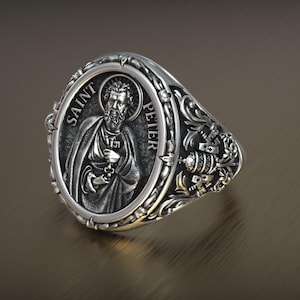 Saint Peter Signet Ring - Sterling Silver Religious Ring - Catholic Apostle Ring - Christian Keys of Heaven Ring - Men&#39;s Spiritual Jewelry