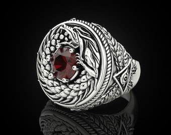 Dragon Eye Sterling Silver Ring: Gothic Ouroboros, Red Gemstone