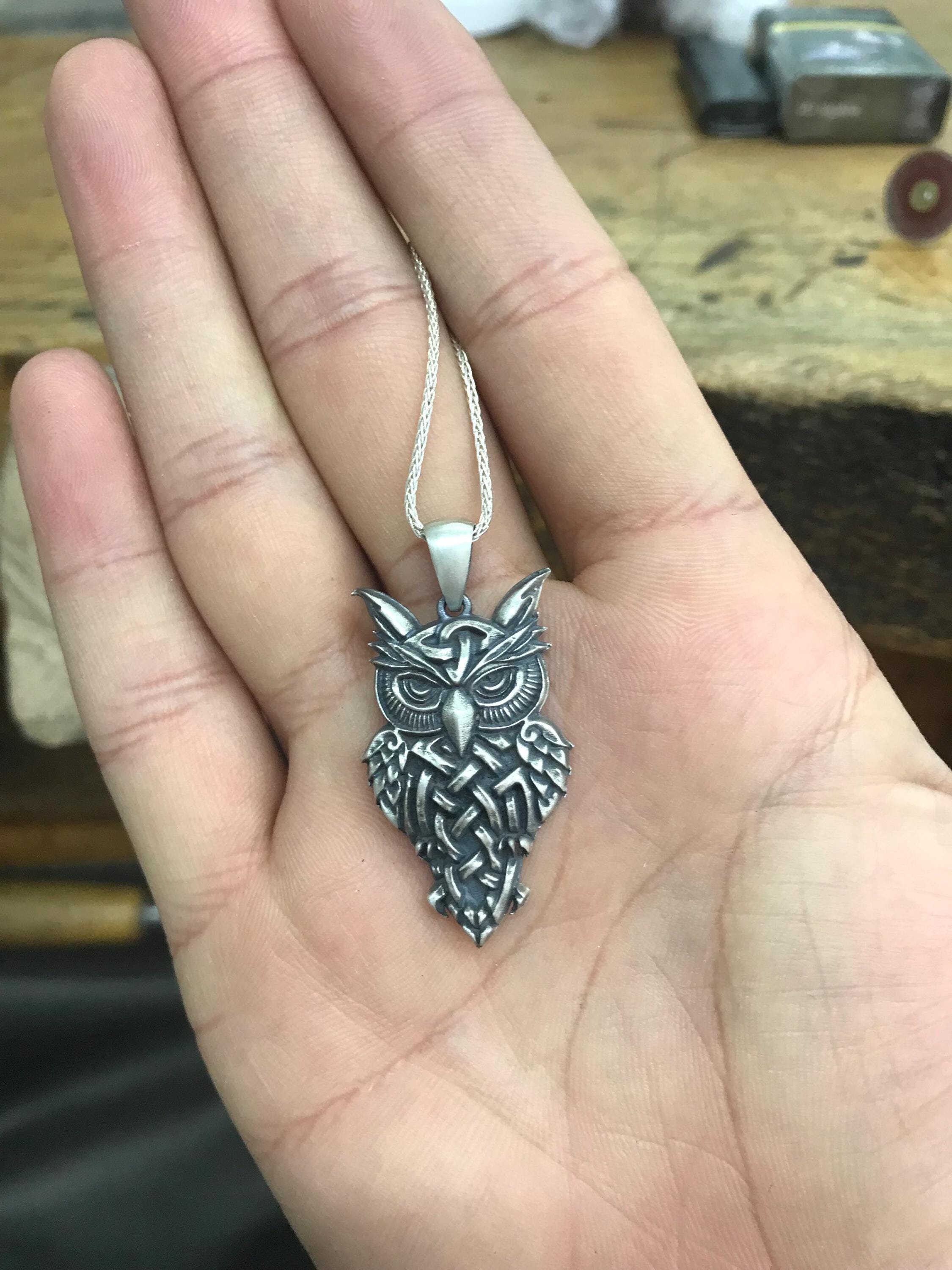 Oxidized Sterling Silver Owl Necklace: Celtic Knot Bird Jewelry