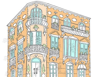 Spanish Colonial Building, Printable Coloring Page, Digital Download Print