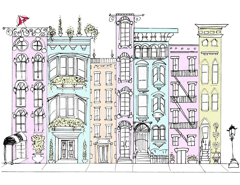 Brownstone Neighborhood Printable Coloring Page, Digital Download Print image 1