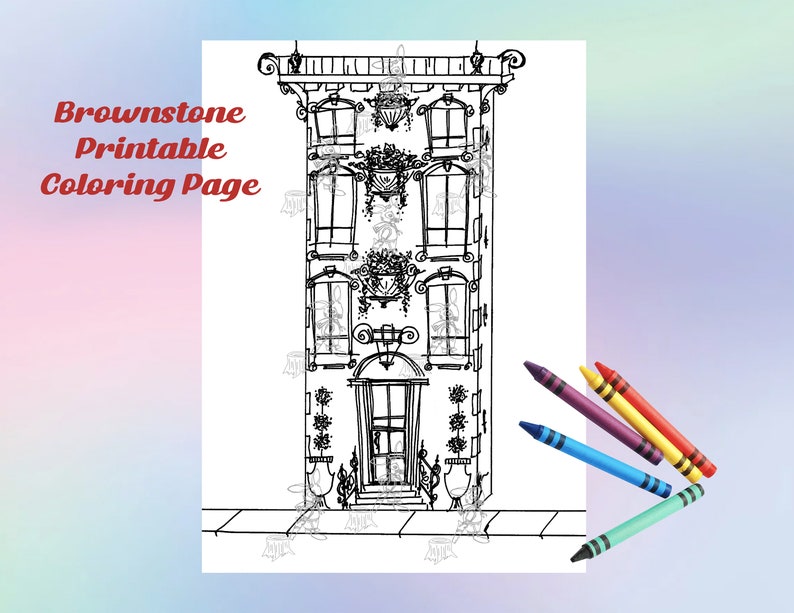 Brownstone Printable Coloring Page, Digital Download Print image 2