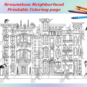 Brownstone Neighborhood Printable Coloring Page, Digital Download Print image 2