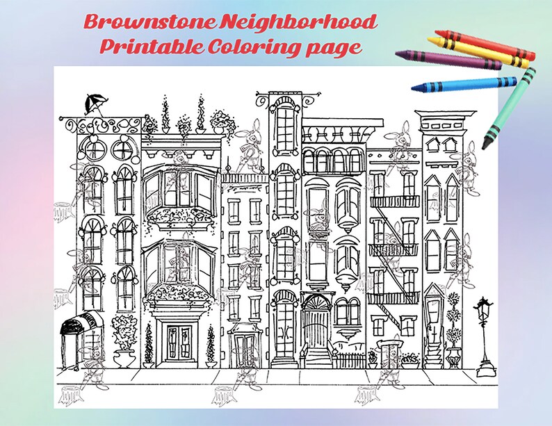 Brownstone Neighborhood Printable Coloring Page, Digital Download Print image 2