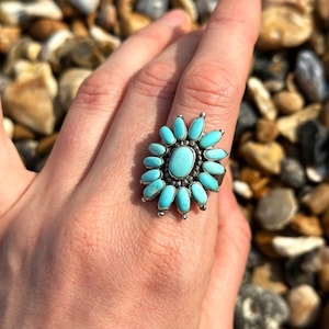 Natural Turquoise Flower Ring 925 Sterling Silver Genuine Gemstone Turqiouse Artistic Silver Jewellery Size Adjustable 7-9 US, N-R(UK)