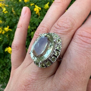 Large Prasiolite Ring 925 Solid Sterling Silver Clear Crystal Oval Shape Natural Green Amethyst Peridot Gemstone Solid Silver Ring Size 7 US