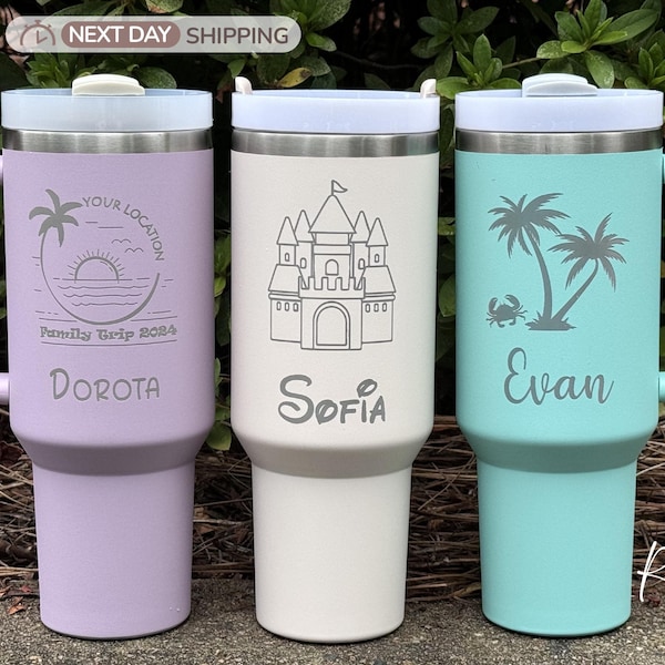 Personalized Laser Engraved Stainless Steel Tumbler, Disney Castle, Beach Vacation, Summer Gift