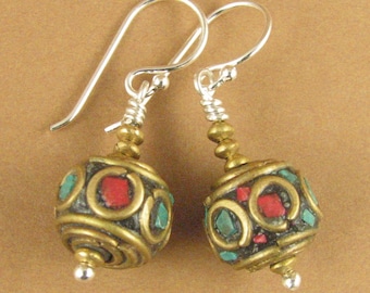 Tibetan mala bead earrings. Blue, red, brass & sterling silver 925. Handmade.
