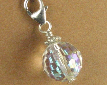 Crystal rainbow disco ball clip-on charm.  W/Swarovski Elements. Silver 925.