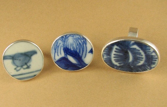 Ming dynasty Chinese antique porcelain rings. Size Q/ 8.25 Sterling silver 925.