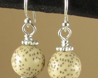 Tibetan lotus seed earrings. Small, cream/white. Sterling silver 925.