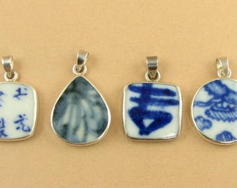 Ming dynasty Chinese porcelain pendants. Antique. Sm/Med.  Sterling silver 925.