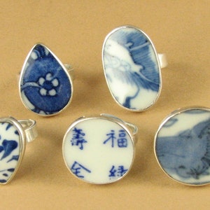 Ming dynasty Chinese antique porcelain rings. UK Size O, US size 7. Sterling silver 925.